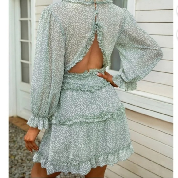 Boutique Pale Green Floral print V Neck Long Sleeve Chiffon Skater Dress 2XL - Picture 4 of 8